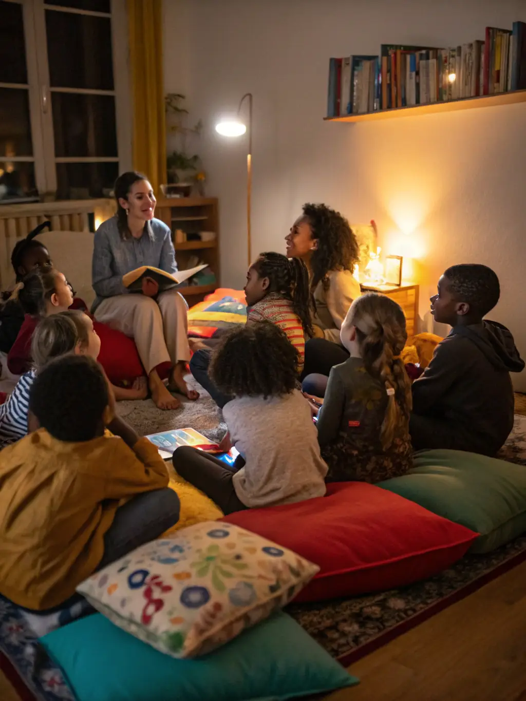 A photograph of children participating in a storytelling session at the NCL media library, surrounded by books and engaging with the storyteller.